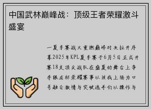 中国武林巅峰战：顶级王者荣耀激斗盛宴